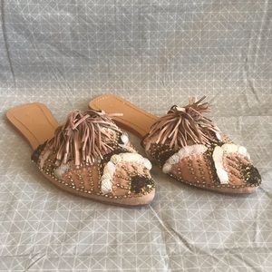 NWOT Llani Anthropologie Brown Cream Pom Beaded Room Slide 40